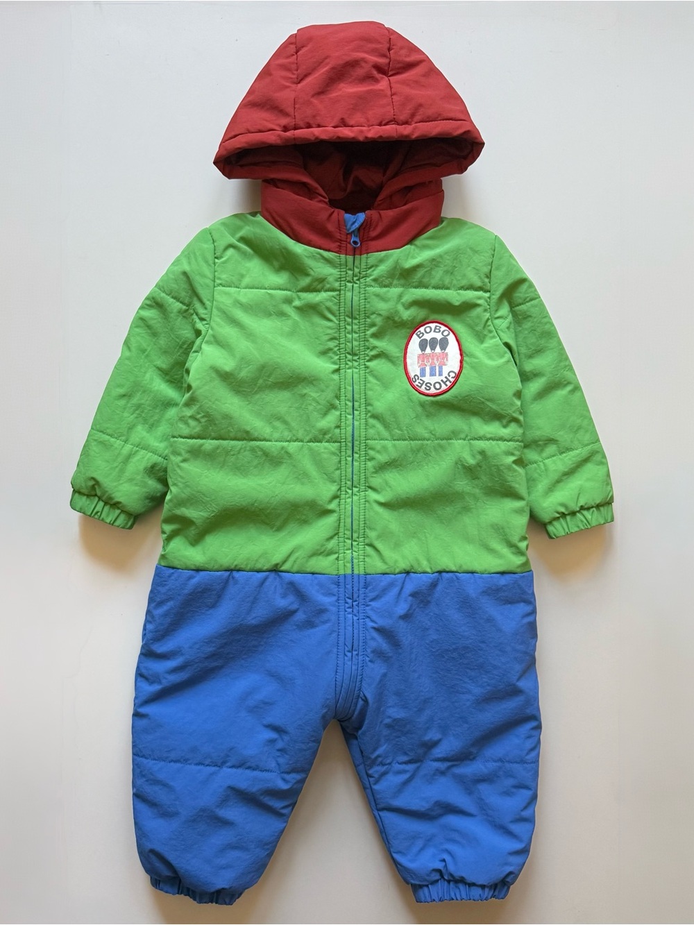 Bobo Choses Colorblock Puffer Romper in Red, Green & Blue